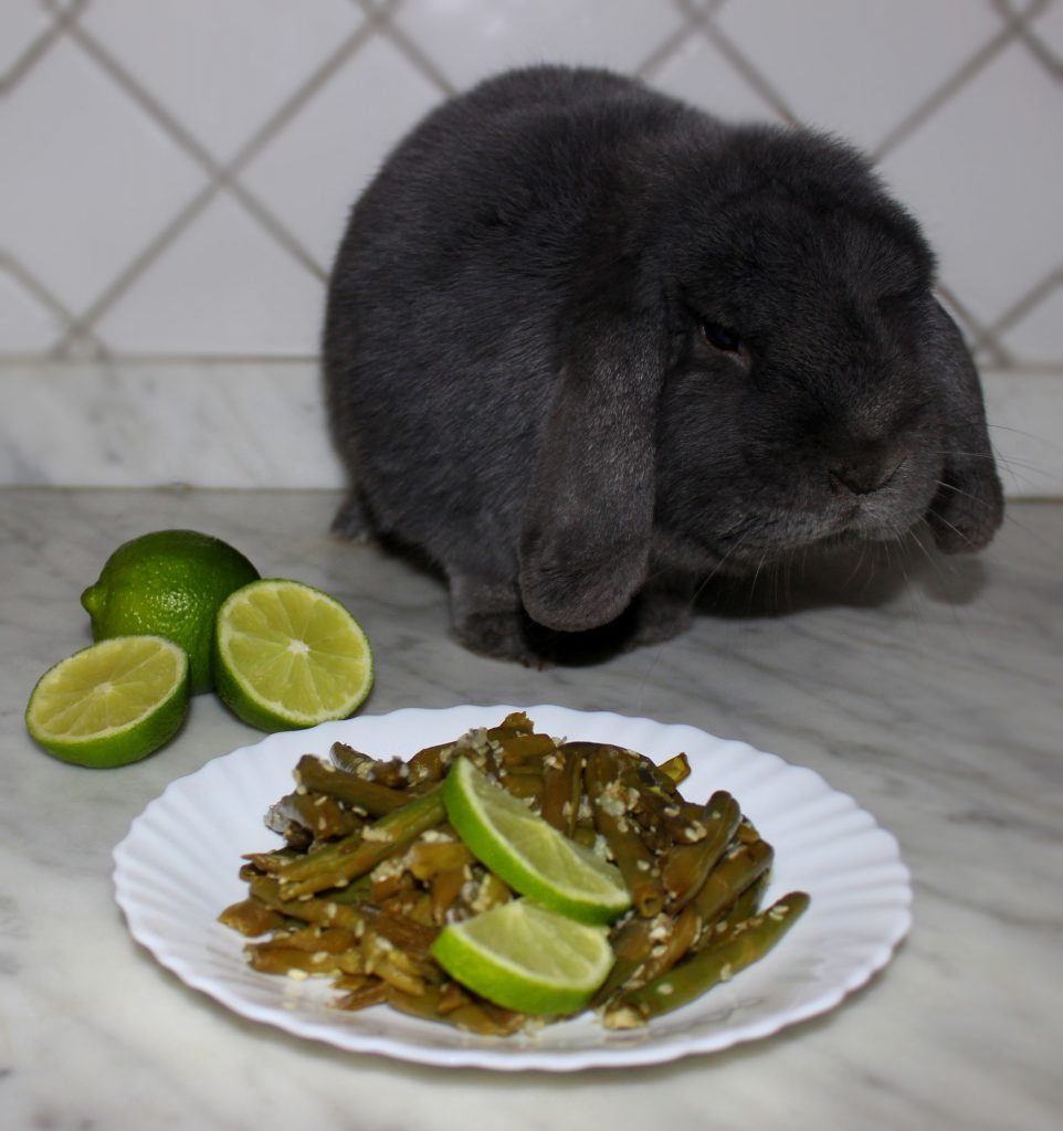 A plate of quick and easy exotic green beans with lime slices on top and a cute grey bunny in the background