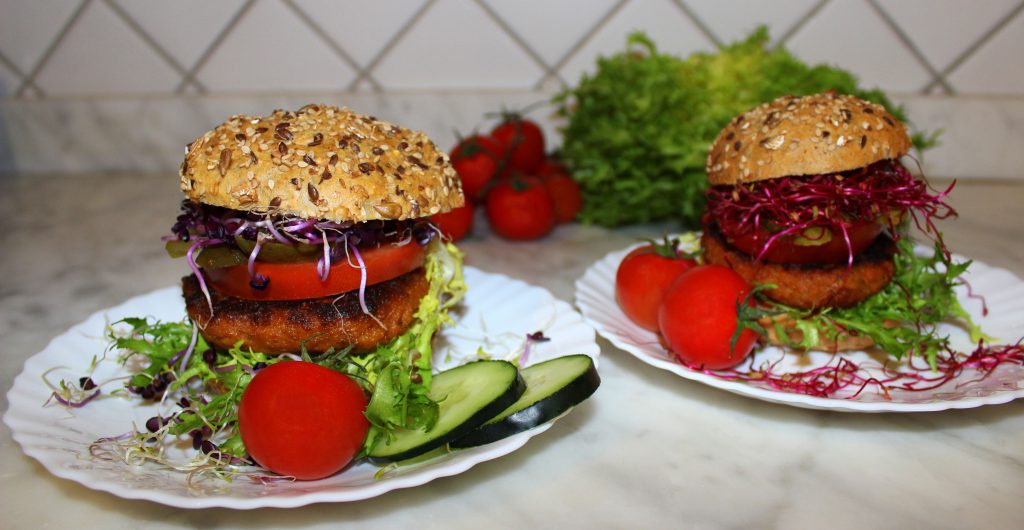 Burger vegani di melanzane e pomodori secchi con le verdure e germogli