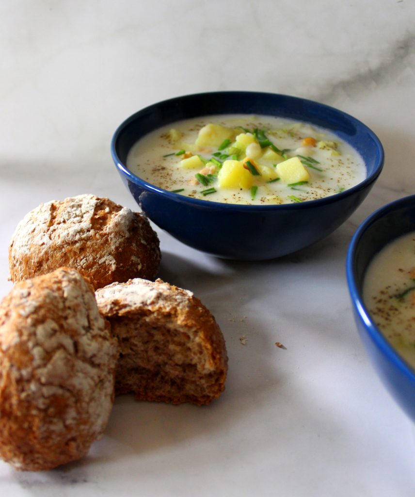 Bowl filled with potato leek soup