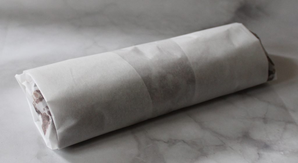 Vegan No-Bake Chocolate Salami wrapped