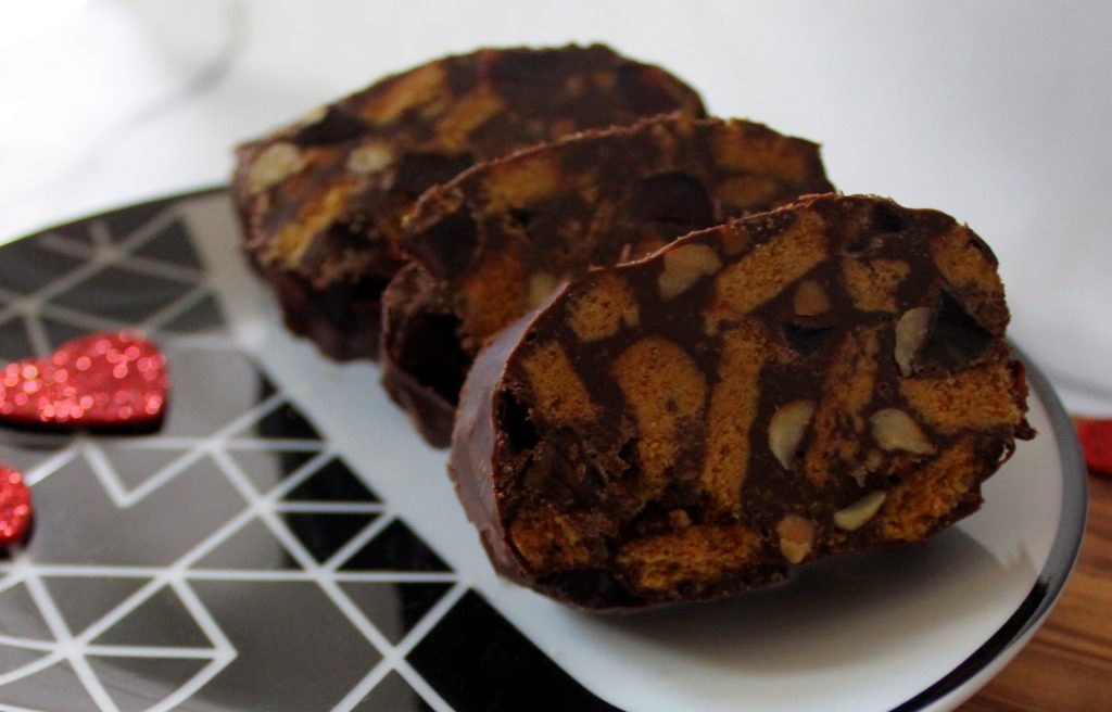 Chocolate salami slices in closeup