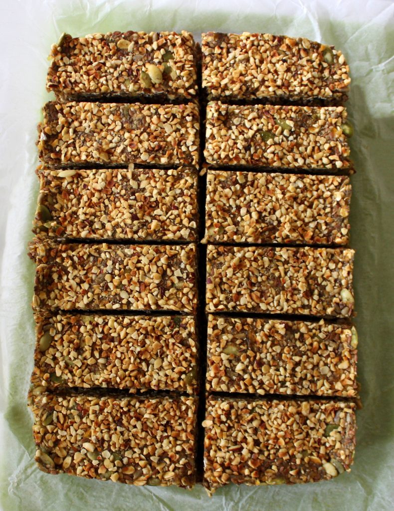 Mixture for healthy vegan no-bake protein bars cut in bars