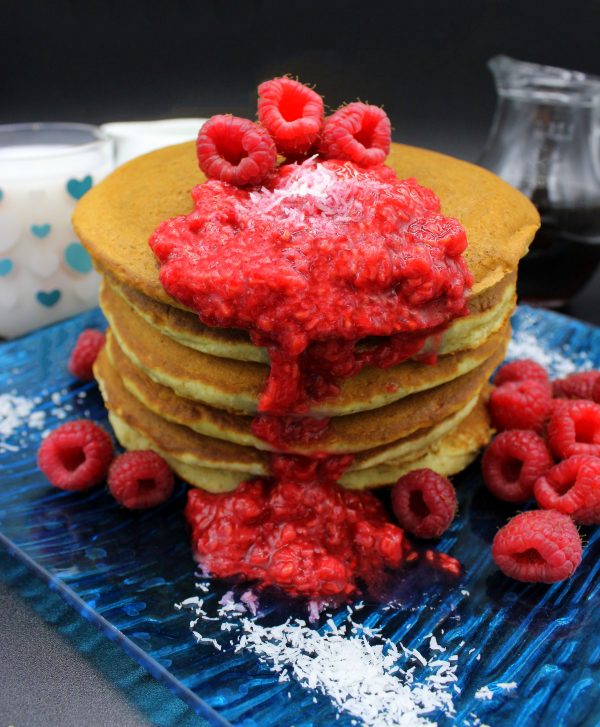 Vegan pancakes with mashed raspberries