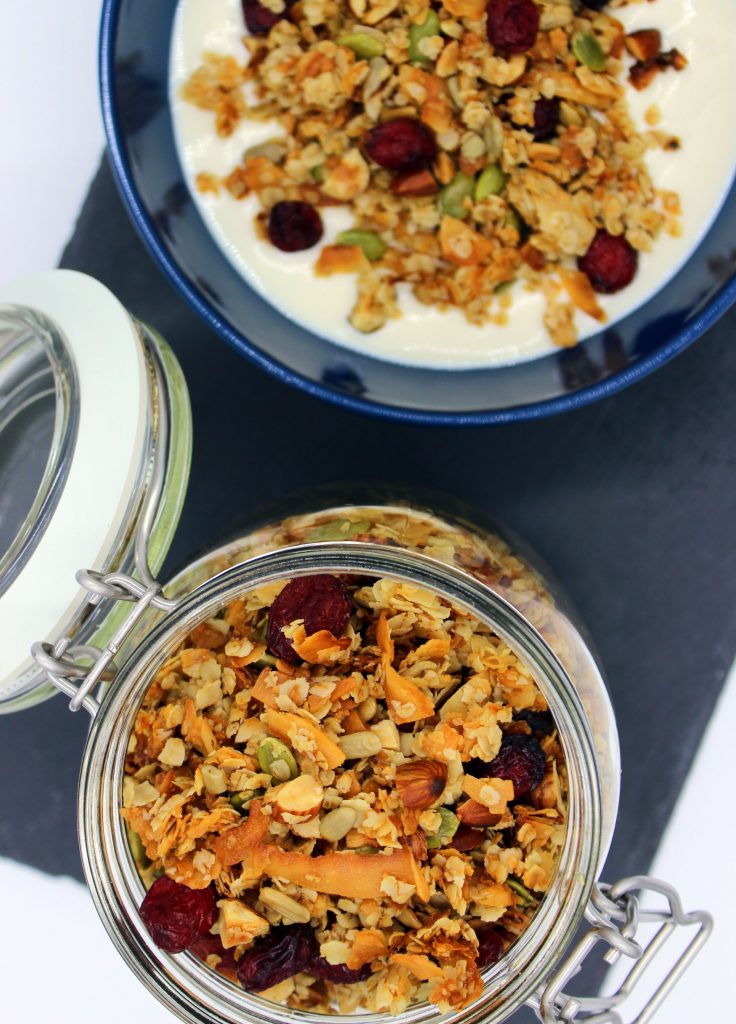 Healthy vegan granola with coconut and cranberries
