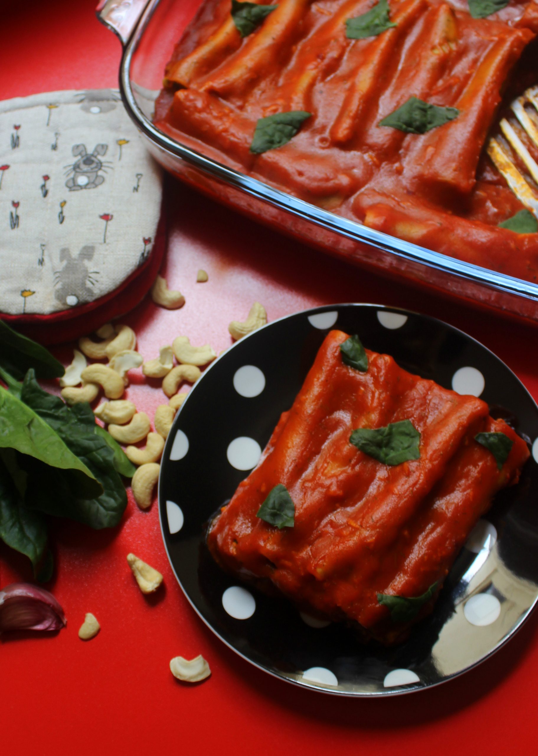A plate of easy vegan cannelloni with roasted bell peppers