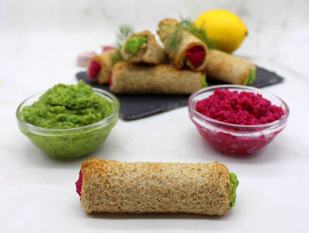 Beetroot and spinach hummus rolls