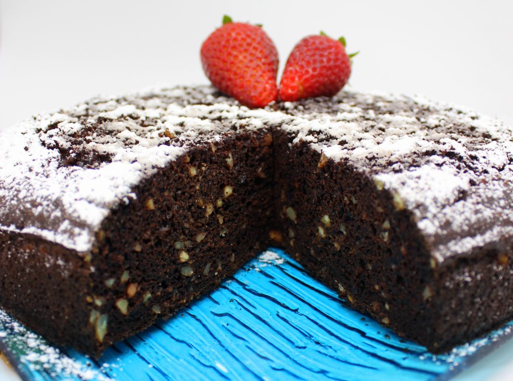 Inside of the easy vegan chocolate almond cake