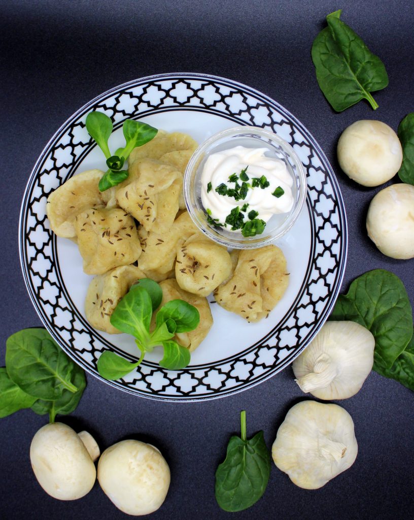 Vegan Russian dumplings with spinach and mushrooms
