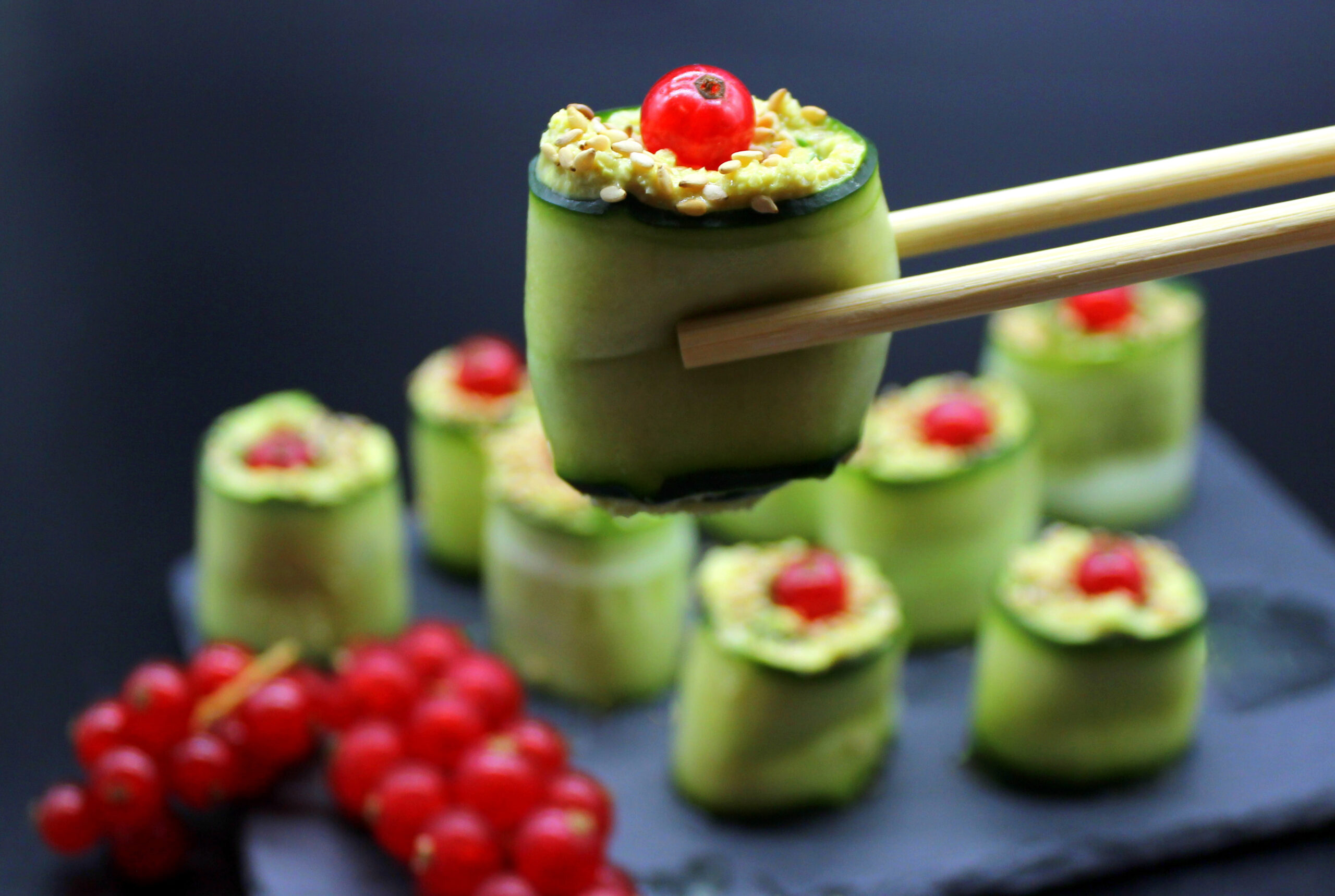 Close-up of the cucumber rolls